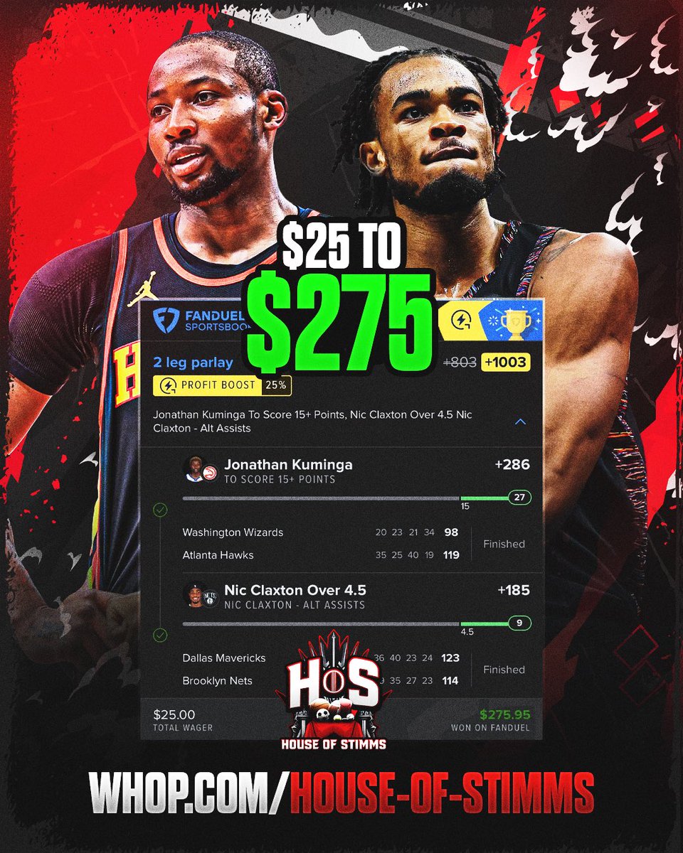 Verified FanDuel slip: $25 wagered, $275 won