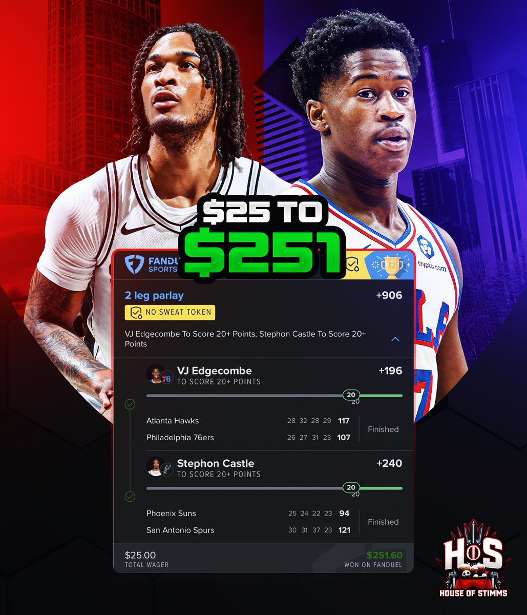 Verified FanDuel slip: $25 wagered, $251 won